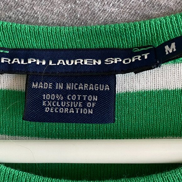 Ralph Lauren Sport Shirt Womens M Green White Striped U Neck Shirt Sleeve Pony * - Picture 2 of 4